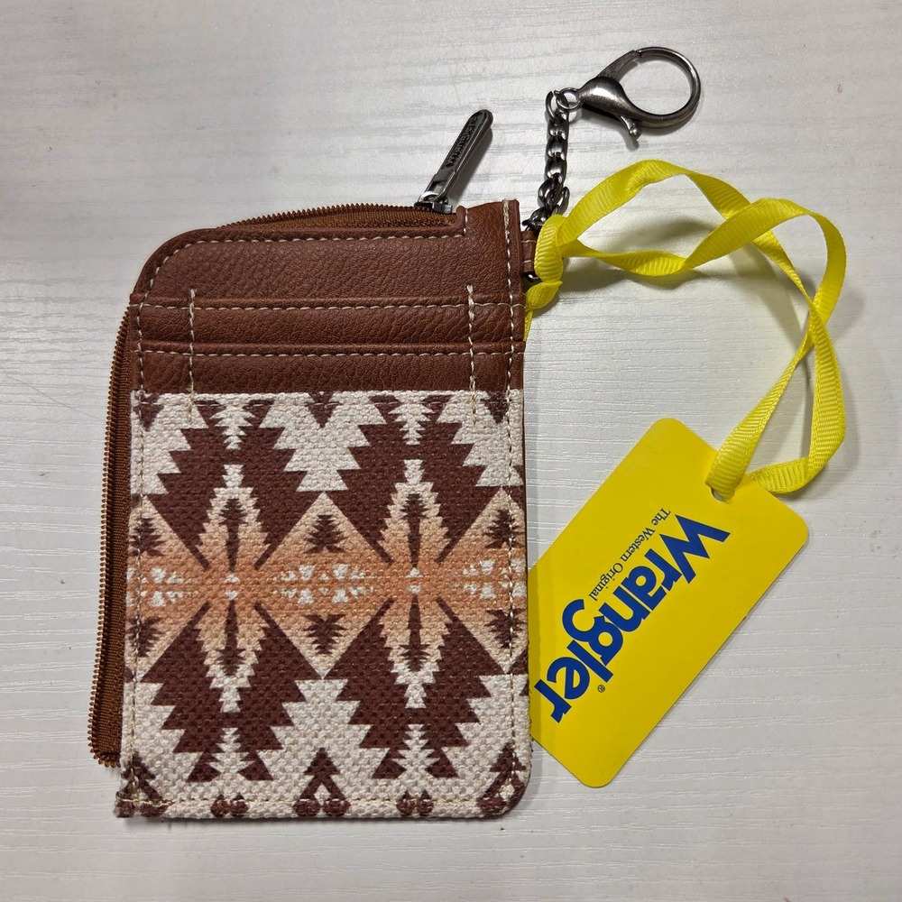 Wrangler Womens Southwestern Zip Card Holder Wallet Brown Faux Leather Keychain
